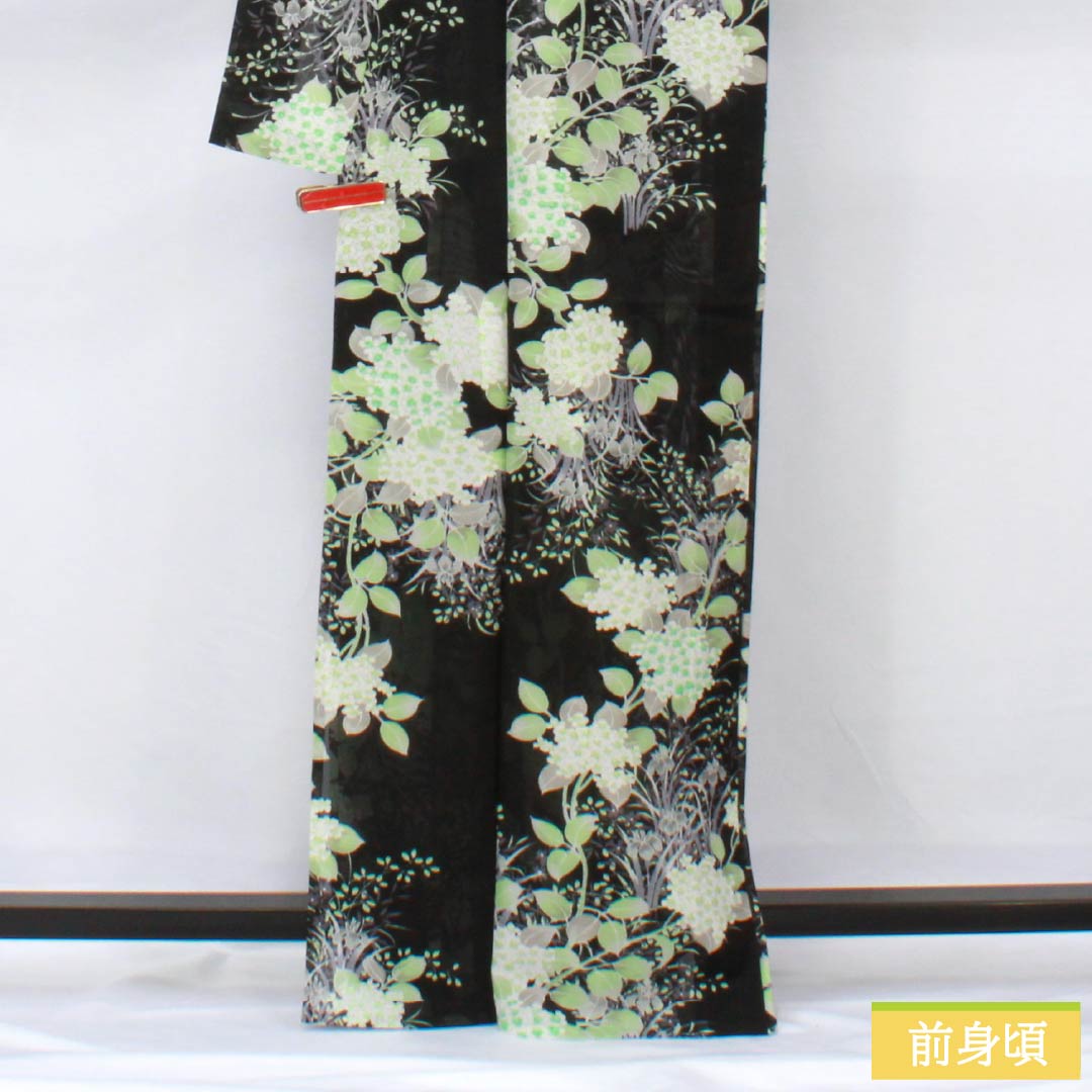 Summer kimono, polyester, small pattern, length 167cm, sleeve length 63.5cm, hydrangea, iris, washable kimono, silk, A rank, black, 1132002283510