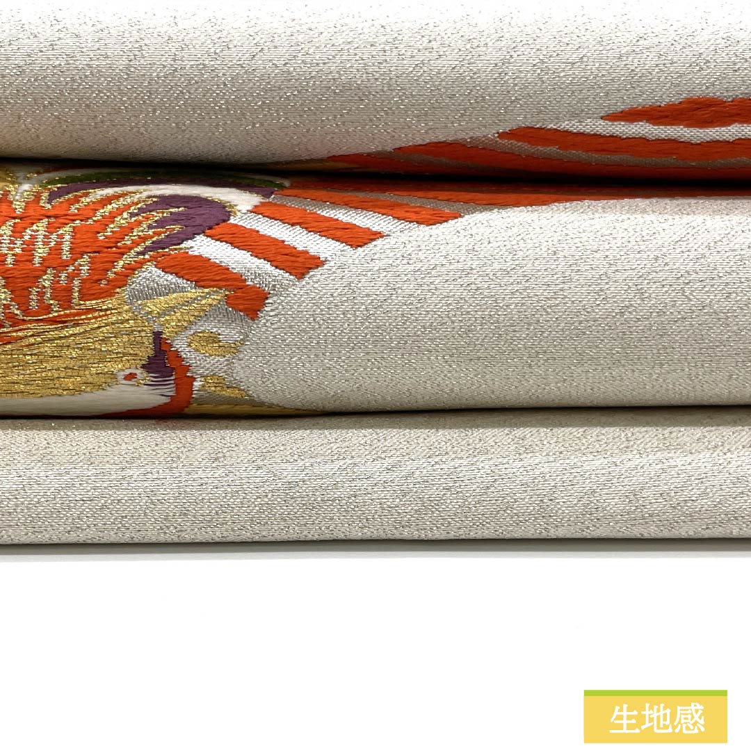 Nagoya Obi with a Mandarin and Cherry Blossom Design and Wave Pattern, Length 364cm, Pure Silk, A-Rank, Pointed Pattern, Silver, Semi-Formal, 1124008933322, Nagoya Style