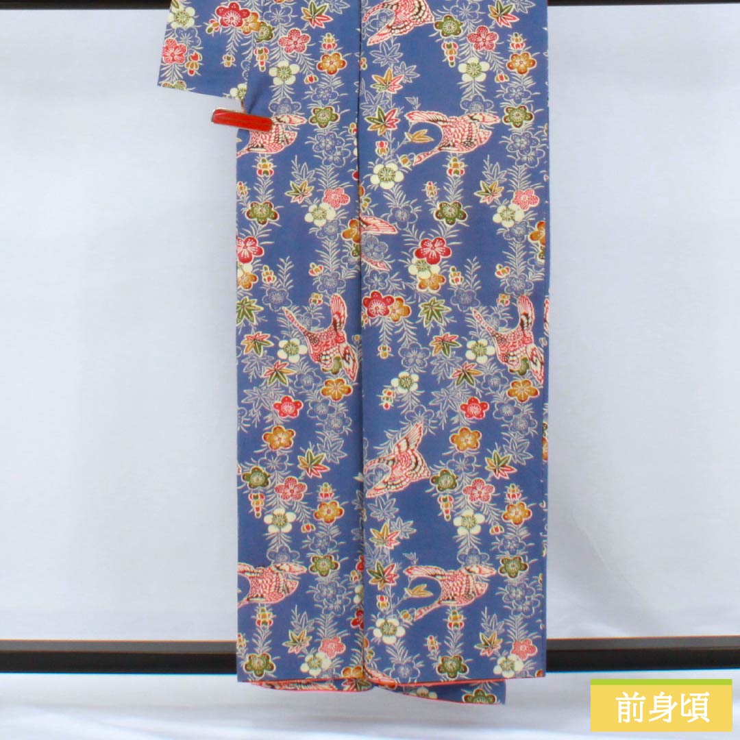Komon (small pattern) silk, A-rank, length 155.5cm, sleeve length 63.5cm, lined, navy wisteria color, stencil dyeing, crane, plum, blue tones, 1115006863317