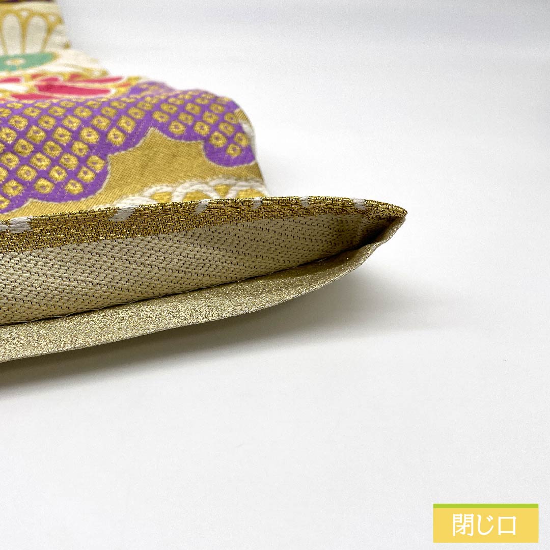 袋帯 正絹 牙黄色(げおういろ) 雲取り 菊 鹿の子 帯丈442cm Sランク 六通 フォーマル クリーム系 1123011622315
