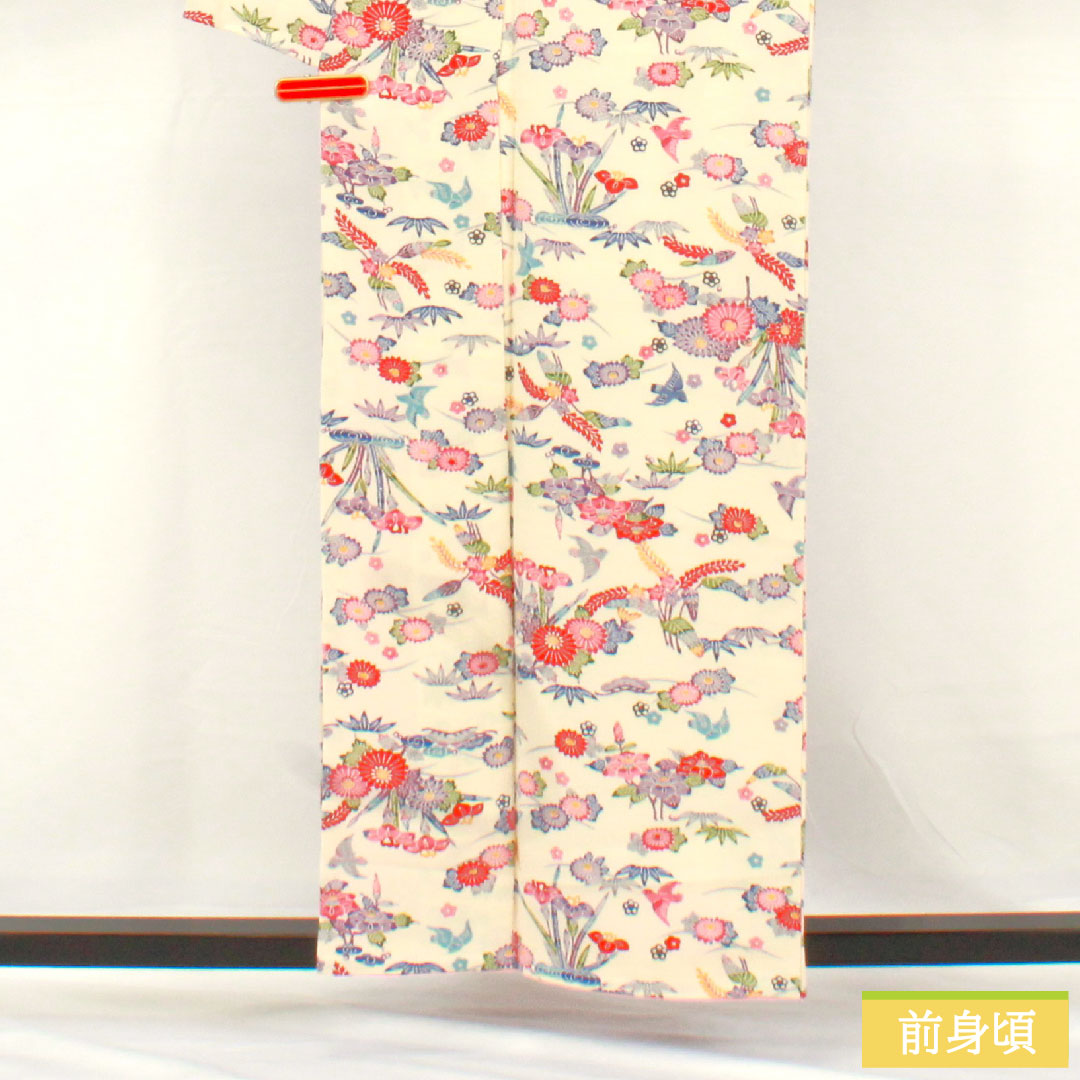 小紋 正絹 身丈157cm 裄丈64cm 袷 生成り色(きなりいろ) 京紅型 吉祥文様 Aランク クリーム系 1115004893315