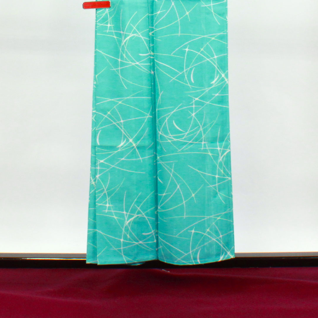 Summer kimono, polyester, small pattern, length 154.5cm, sleeve length 61.5cm, light blue, washable kimono, geometric pattern, silk, S rank, light blue, 1132001722224