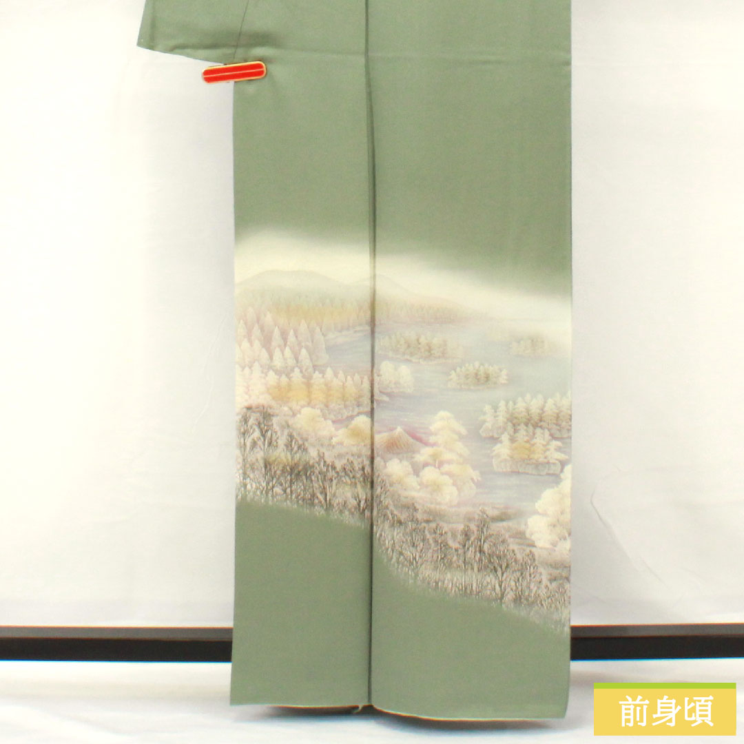 Homongi, pure silk, lined, length 162.5cm, sleeve length 65cm, leaf color on the back, landscape pattern, A rank, green, 1112005853419