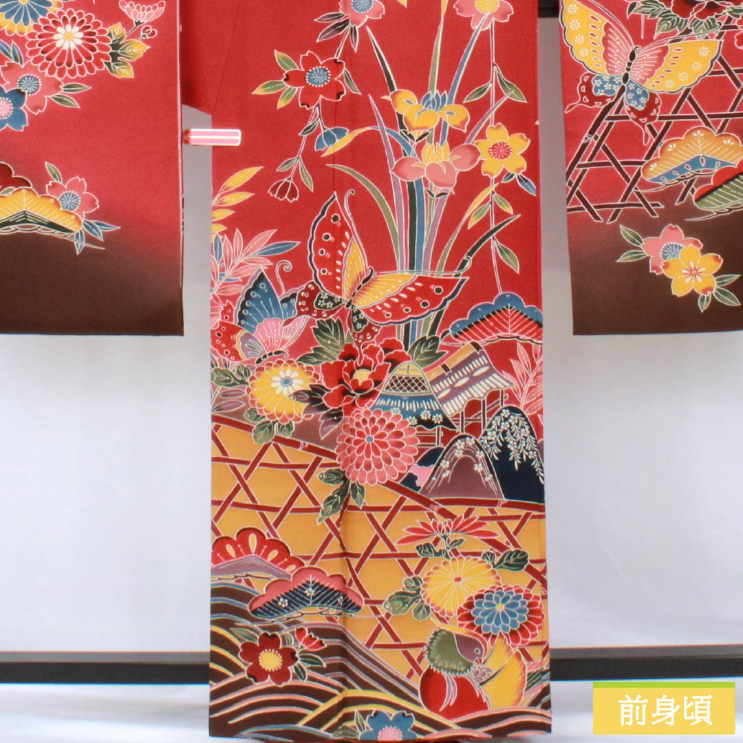 振袖 正絹 Sランク 身丈162cm 裄丈67.5cm 袷 柘榴色(ざくろいろ) 京紅型 吉祥文様 蝶 パールトーン加工 赤系 1113002392412