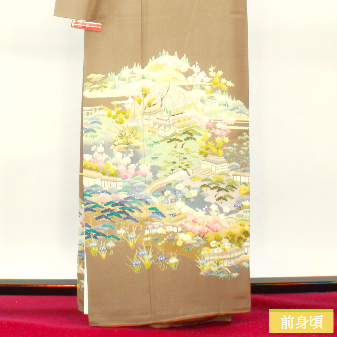 色留袖 正絹 身丈161cm 裄丈66cm 袷 壁鼠色(かべねずいろ) 京加賀友禅 比翼仕立て 風景模様 三つ紋 蔦 Aランク 茶系 1111001403414