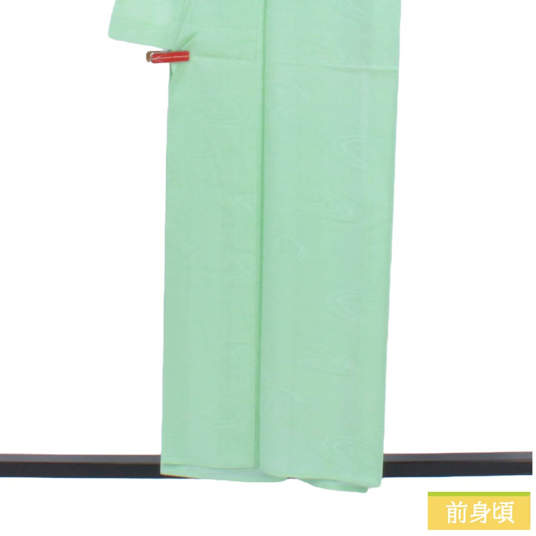 夏物 正絹 色無地 Aランク 身丈155.5cm 裄丈64cm 薄緑色(うすみどりいろ) 素無地 一つ紋 上り藤に一文字 絽 緑系 1132004743319