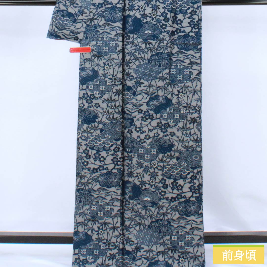 Komon (small pattern) silk, S rank, length 166cm, sleeve length 67cm, lined, Kyoto Bingata (red dye) pattern, indigo dye, tsumugi fabric, floral pattern, gray, product number 1115007212522