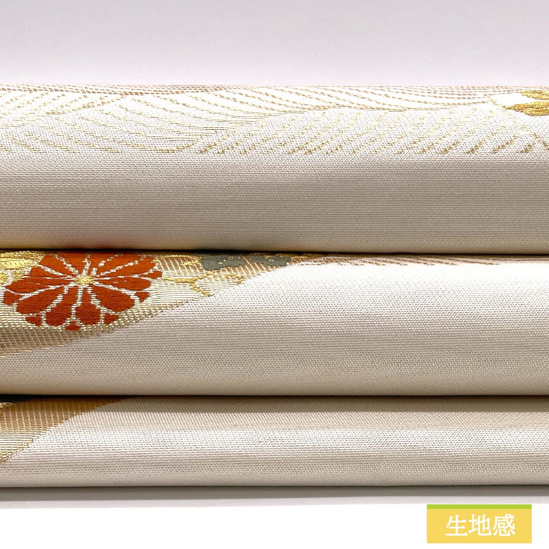 名古屋帯 胡粉色(ごふんいろ) 扇面 唐花 ねじり梅 帯丈348cm 正絹 Aランク 六通 セミフォーマル クリーム系 1124008523315 名古屋仕立て