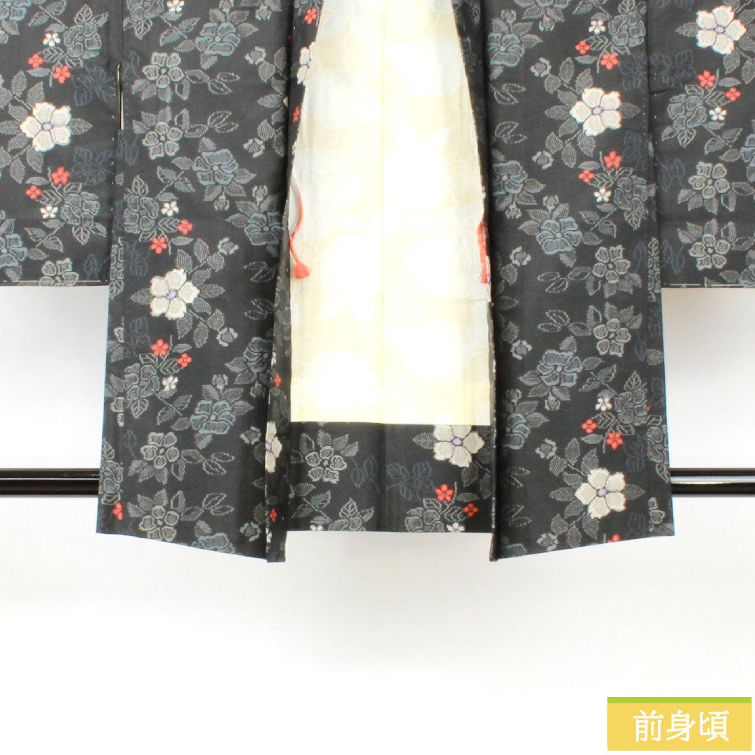 Haori, pure silk, length 83cm, sleeve length 65.5cm, Murayama Oshima, floral pattern, basting thread included, unused, S rank, lined, black, 1117001142910