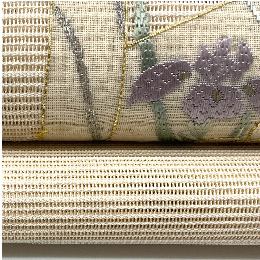Nagoya obi, natural color, summer obi, silk, iris, cosmos, flowing water, obi length 366cm, pure silk, S rank, point pattern, formal, cream color, 1124004472315, open style