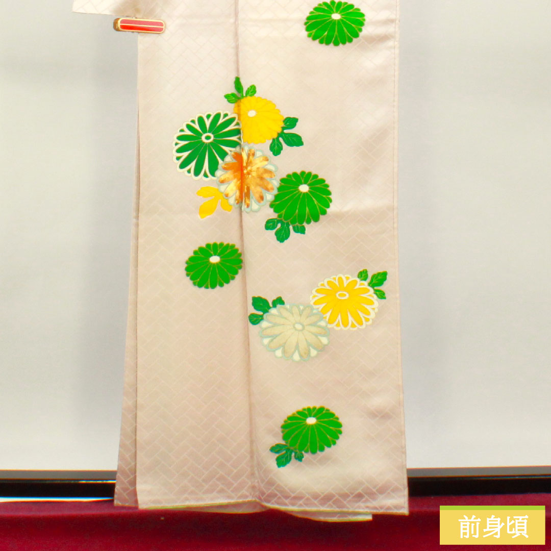 Homongi, pure silk, lined, length 160cm, sleeve length 64.5cm, light cherry blossom color, Kyoto Yuzen, chrysanthemum, S rank, pink, 1112004332413