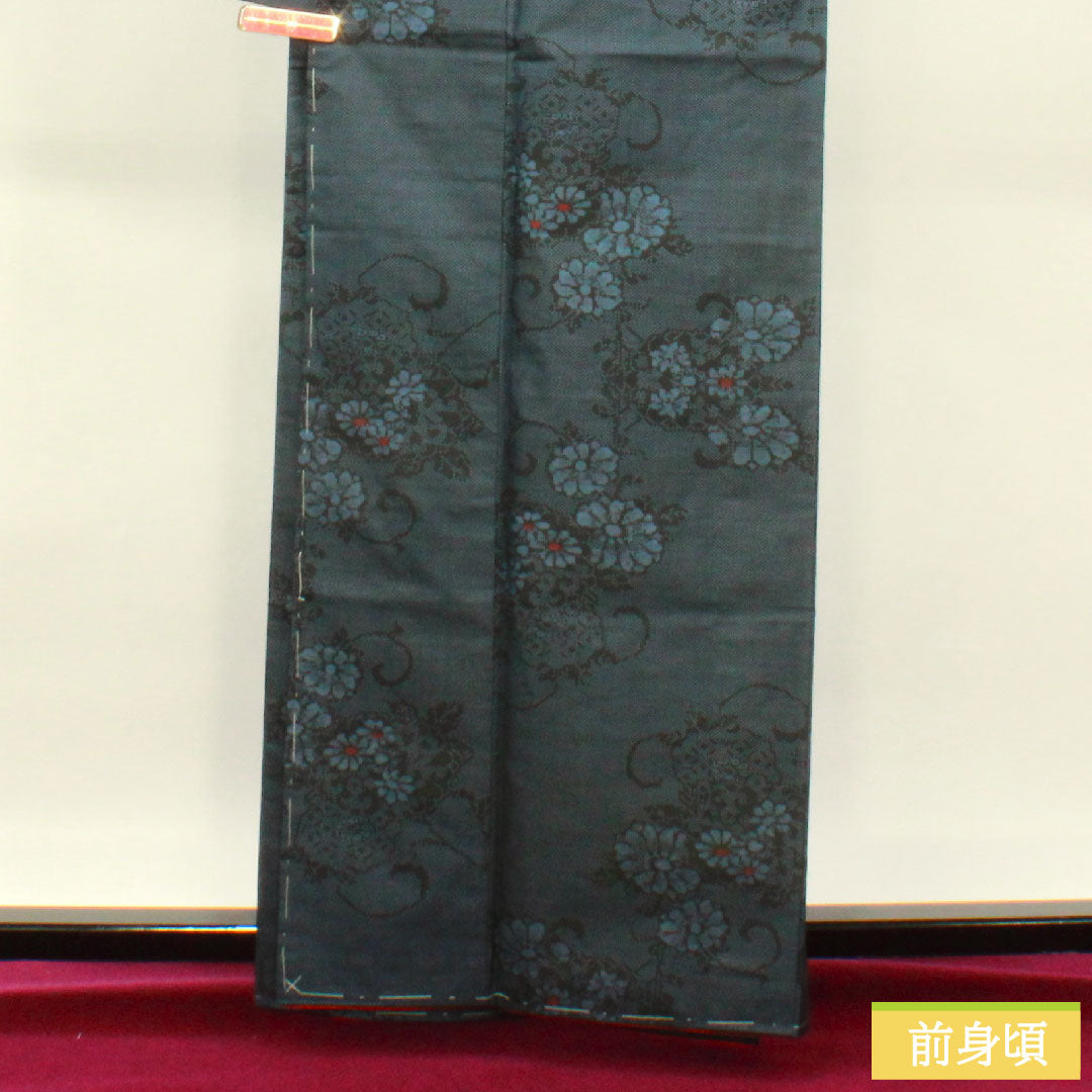 Tsumugi, pure silk, length 162.5cm, sleeve length 64cm, flower pattern, A rank, lined, navy blue, 1116003303418