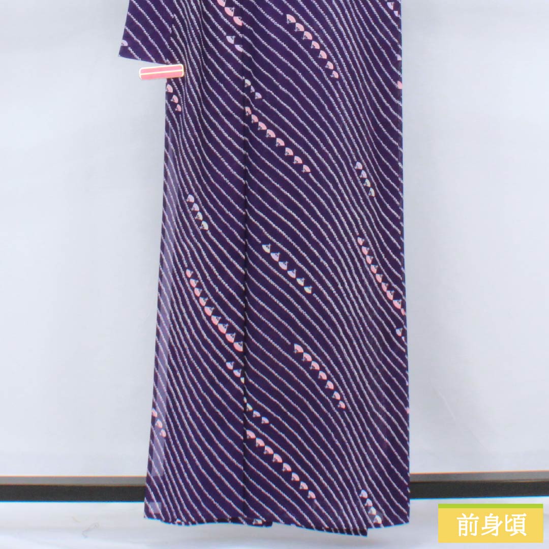 夏物 ポリエステル 小紋 身丈160.5cm 裄丈65cm 菫色(すみれいろ) 扇面 洗える着物 絽 Aランク 紫系 1132002543420