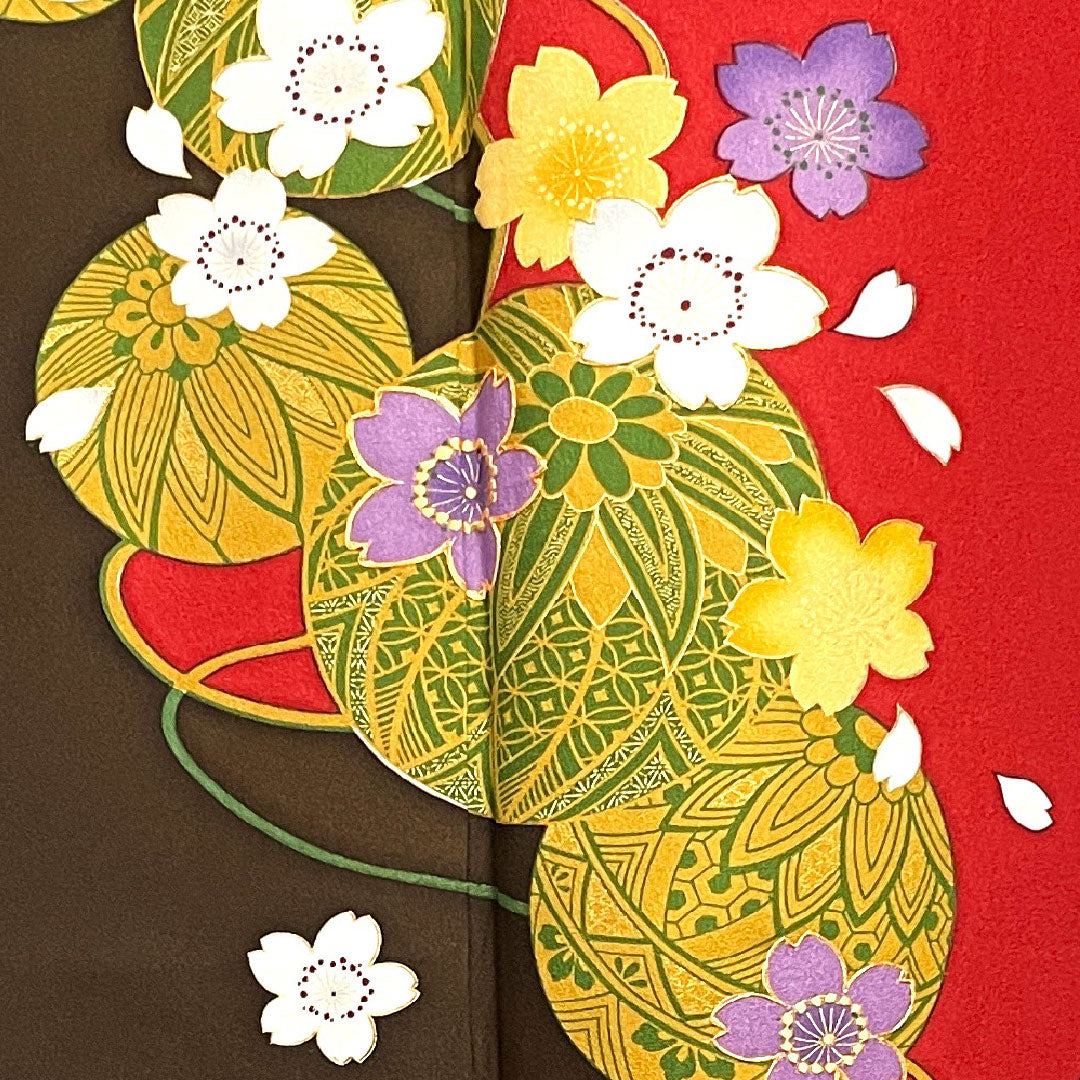 振袖 身丈159.5cm 裄丈65.5cm 袷 生臙脂色 赤墨色 鞠 桜 正絹 Sランク グラデ 1113001232399