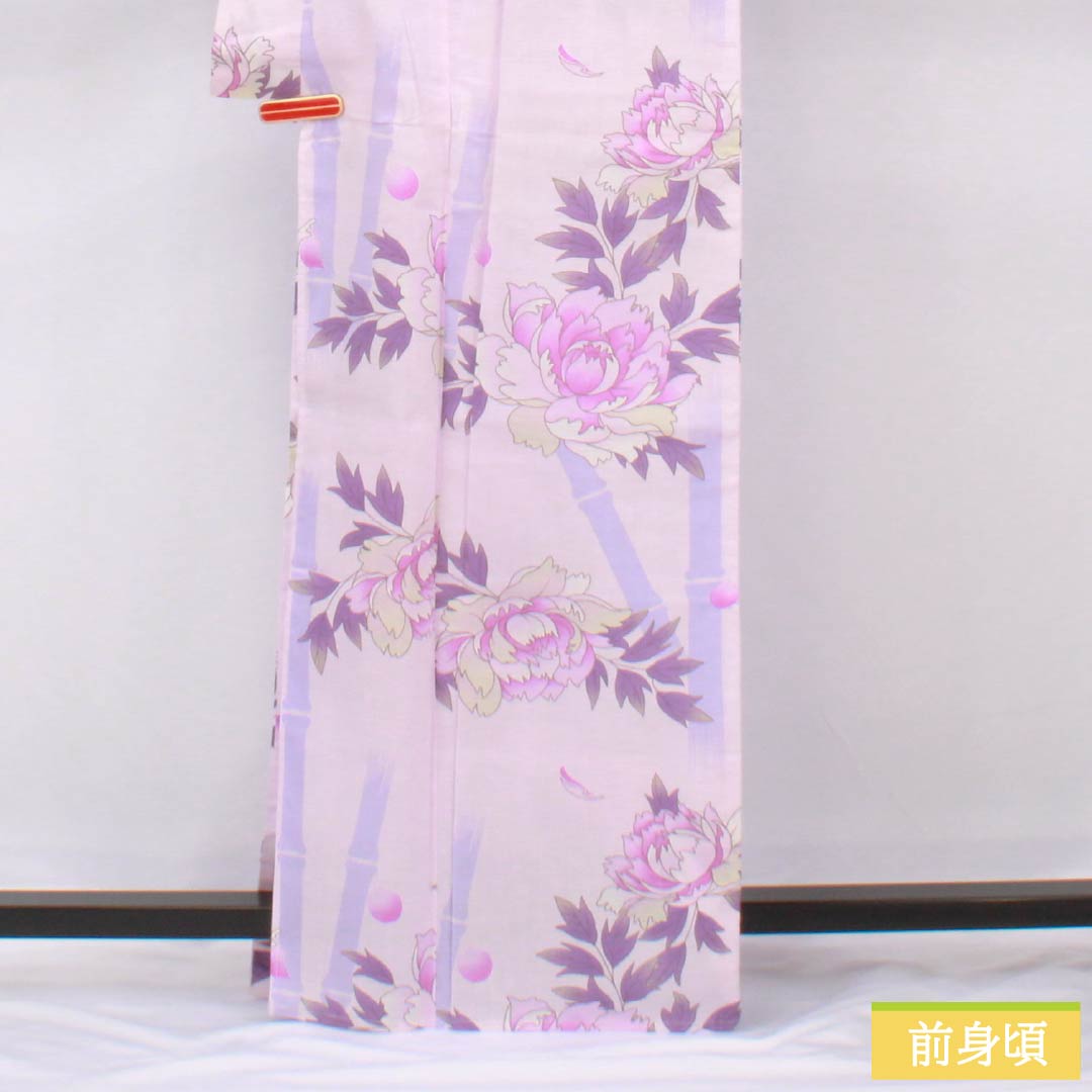 Cotton Yukata, Length 166cm, Sleeve Length 67.5cm, A-Rank, Single-Layer, Purple with Light Wisteria (Usu-Fujiiro), Peony and Bamboo Design, Product Number: 1118006053520