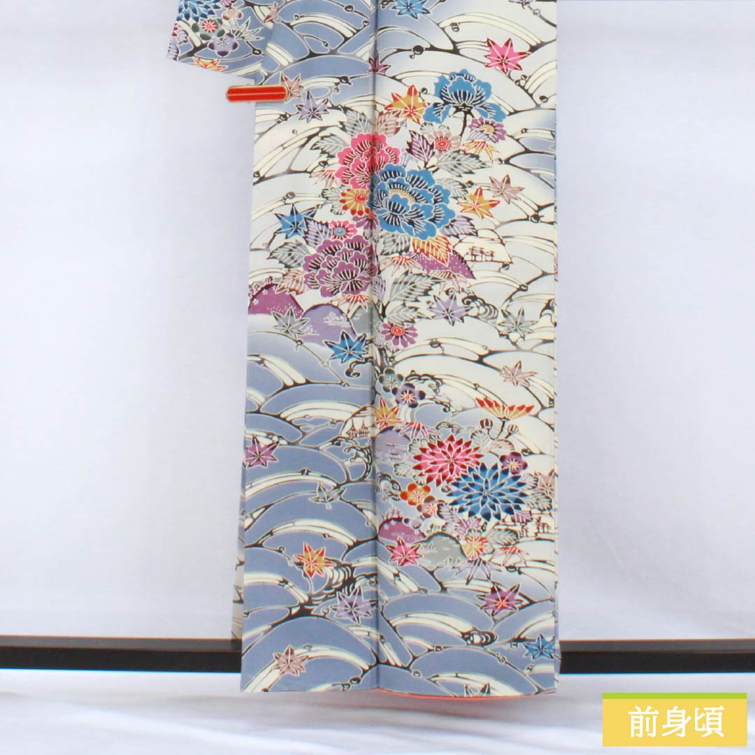 Visiting Kimono, Pure Silk, Grade A, Lined, Length 158cm, Sleeve Length 65cm, Navy Blue, Kyoto Bingata Flower Design, Blue Basting Thread Included, Product Number: 1112007023317