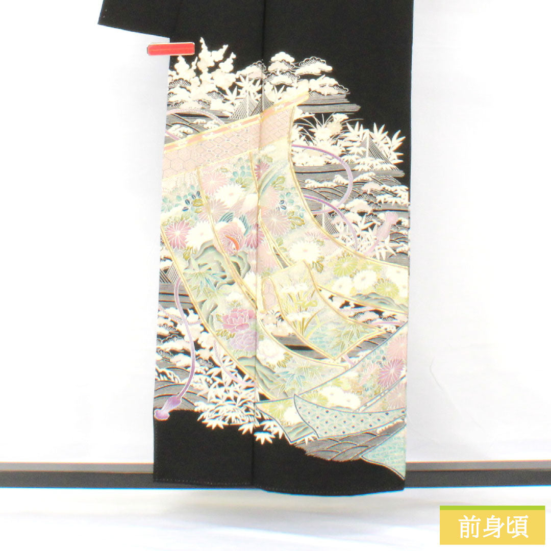 黒留袖 正絹 身丈154cm 裄丈61.5cm 袷 京友禅 松竹梅 几帳 五つ紋 丸に蔦 Aランク 黒系 1111001653210