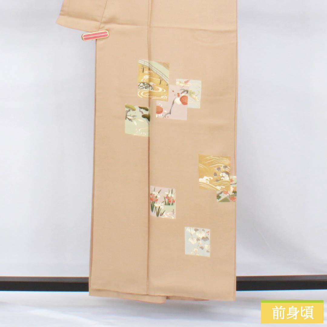 Formal kimono (Homongi) - Silk - Grade A - Lined - Length 157cm - Sleeve to collar 64.5cm - Walnut color - Attached collar (Tsukesage) - Kyo-Yuzen - Shikishi design - Classic pattern - Beige tones - 1112007763325
