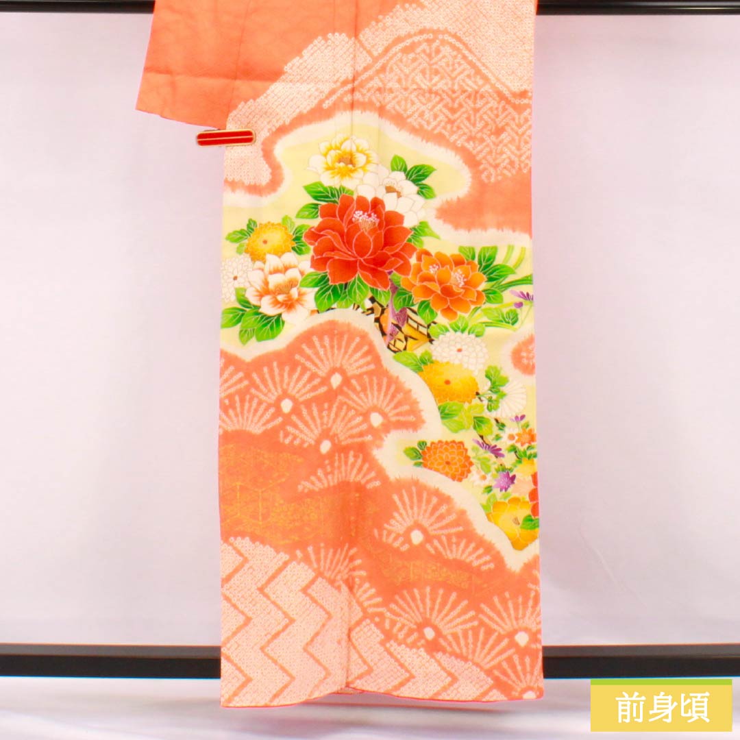 Visiting Kimono, Pure Silk, A-Rank, Lined, Length 158cm, Sleeve Length 62cm, Red-Orange, Kyoto Yuzen Dyed, Auspicious Motif, Neriko Diamond, Flower, Orange, Item Number 1112007513326