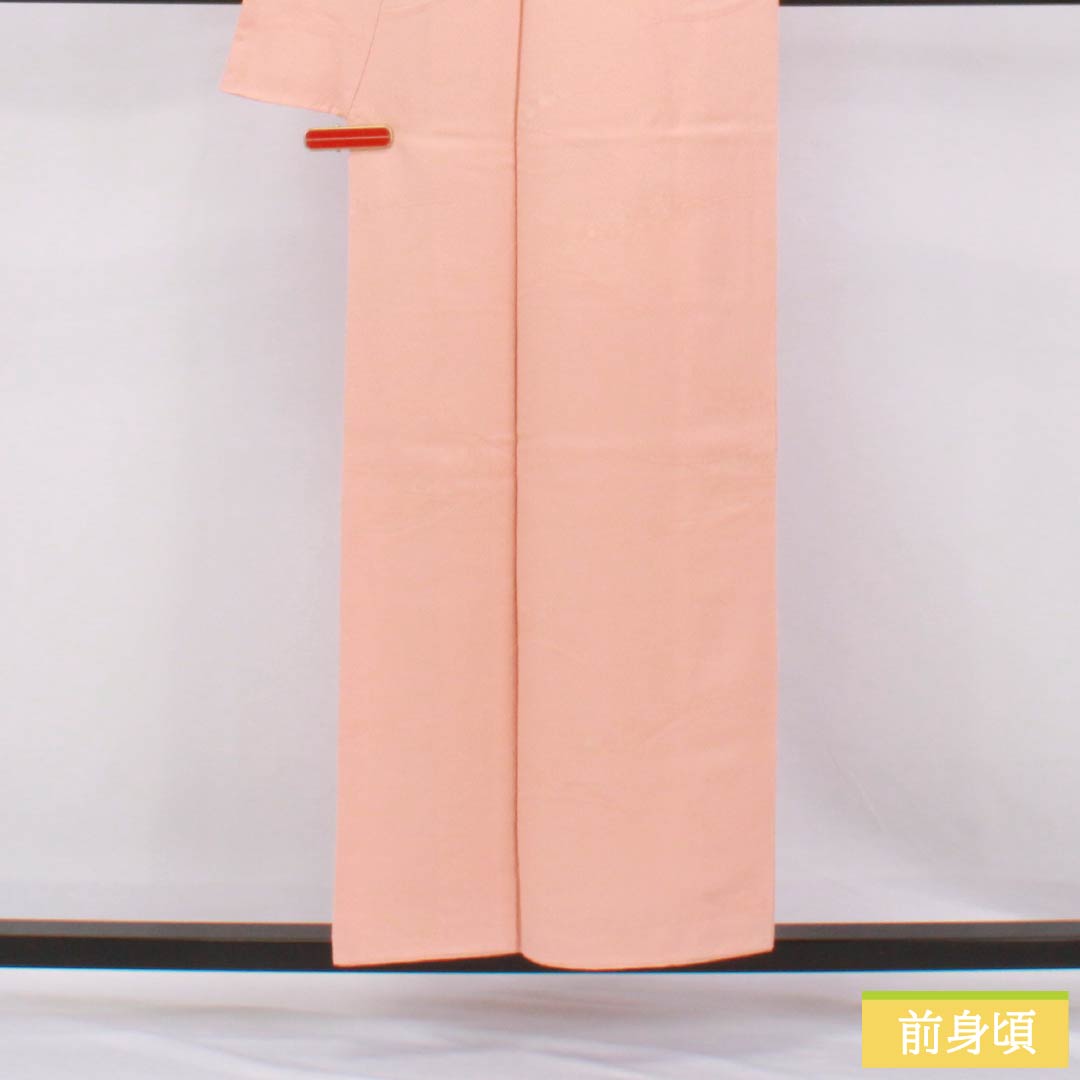 Solid-colored silk kimono, S-rank, length 155.5cm, sleeve length 59.5cm, salmon-colored, single crest, orange and abstract pattern, lined, pink, product number 1114002502313