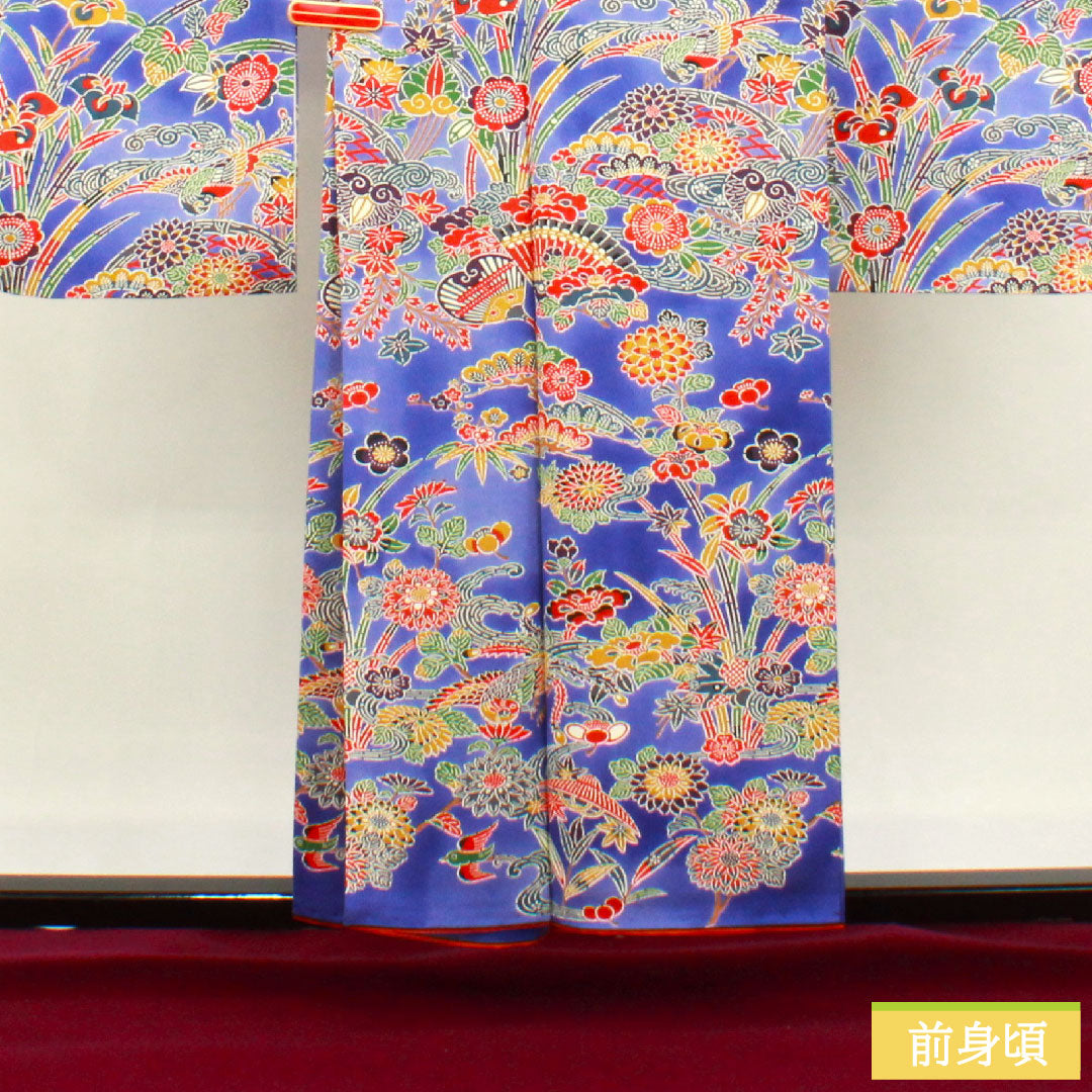 Furisode, pure silk, length 156cm, sleeve length 62.5cm, lined, Kyoto Bingata, auspicious pattern, A rank, navy blue, 1113001893318