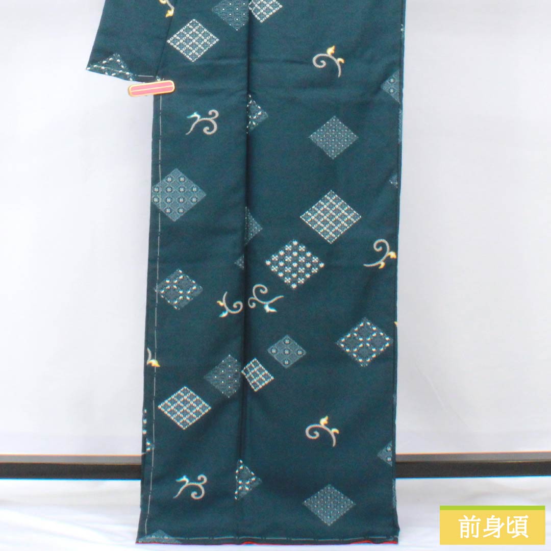 小紋 ポリエステル 身丈167.5cm 裄丈66cm 袷 深藍色(ふかあいいろ) 抽象模様 洗える着物 しつけ糸付き Sランク 紺系 1115006012518
