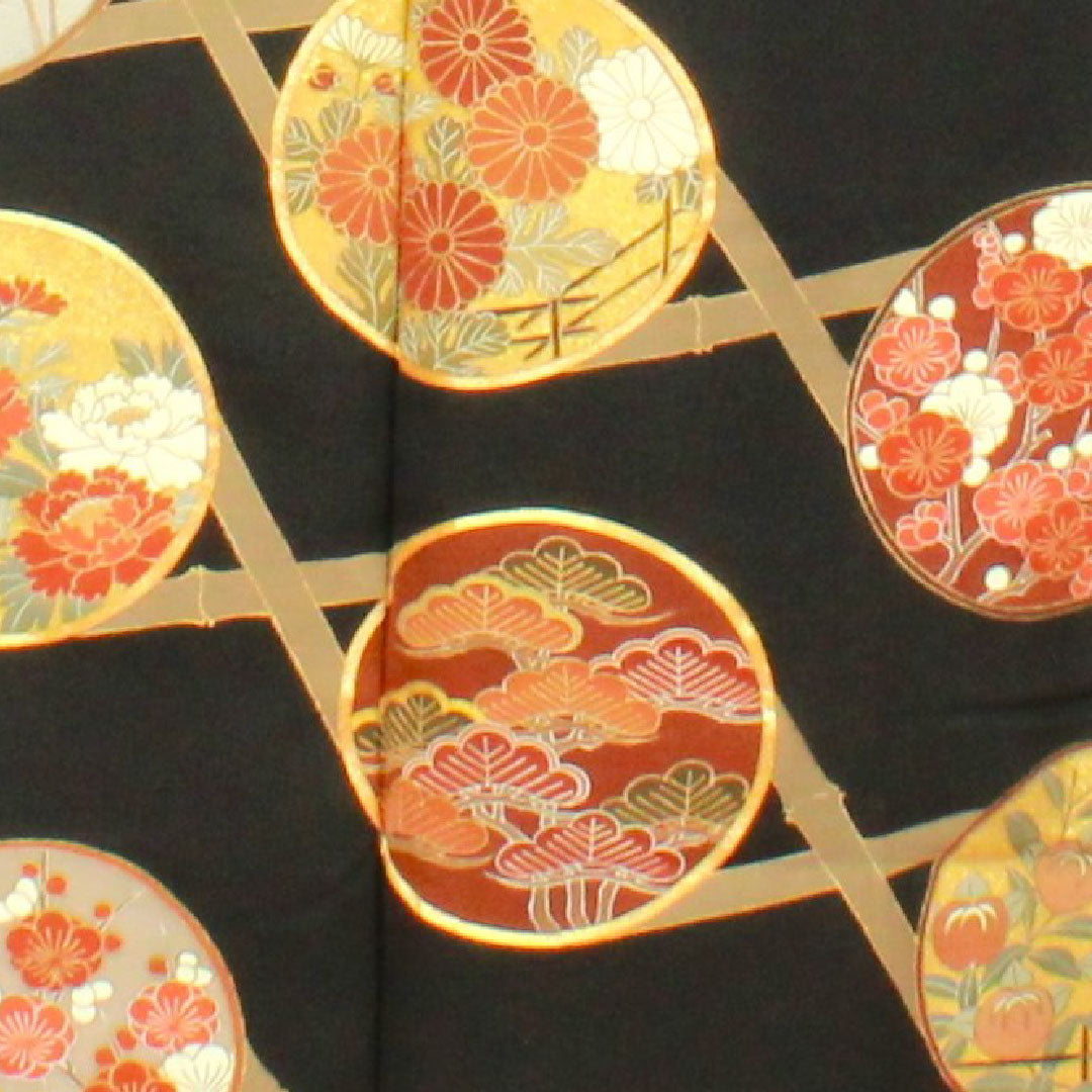 Black formal kimono, length 156.5cm, sleeve length 61cm, lined, Kyoto Yuzen, pine, bamboo, plum, quince, pure silk, S rank, five crests, black, 1111000682310