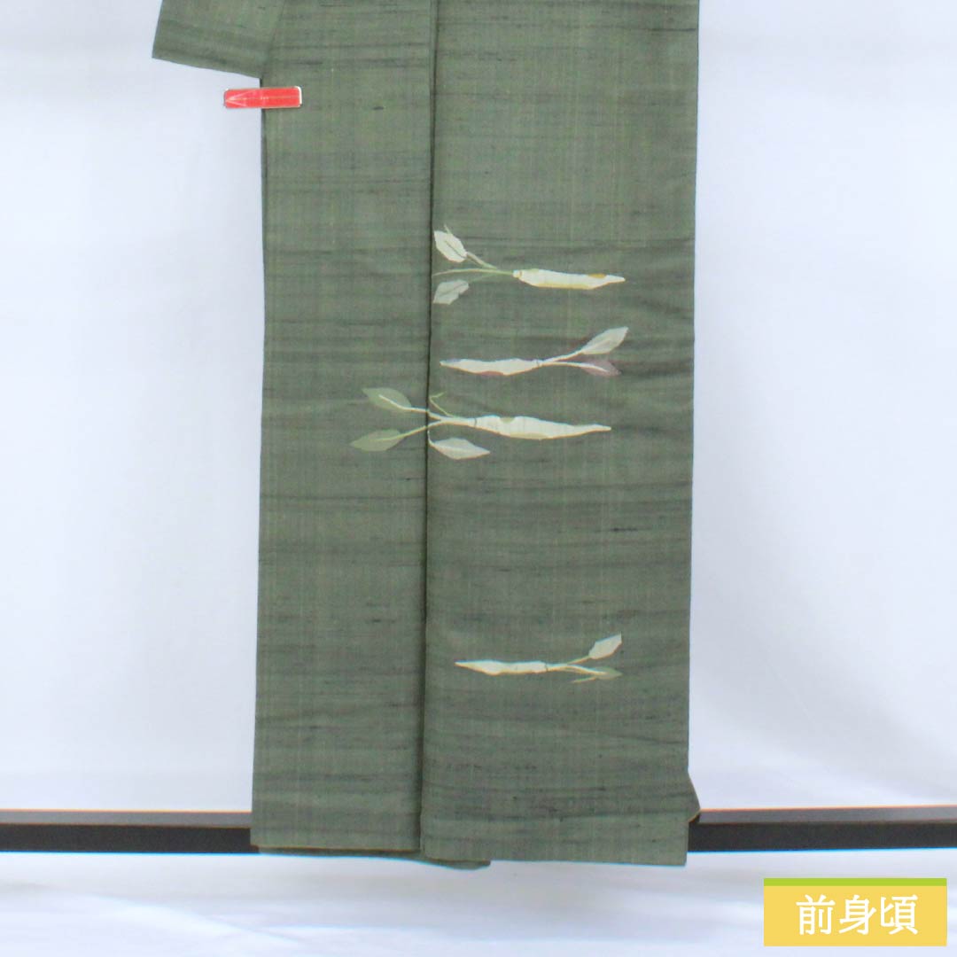 訪問着 正絹 Aランク 袷 身丈156cm 裄丈66cm 岩井茶色(いわいちゃいろ) 付下げ すくい織 紬地 作家物 野菜 緑系 1112007803319