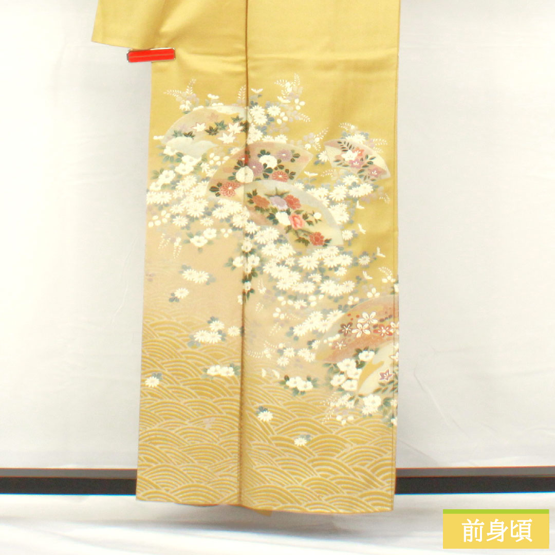 Homongi, pure silk, lined, length 156.5cm, sleeve length 63cm, faint yellow, Kyoto Yuzen, cherry blossom, chrysanthemum, bush clover, A rank, yellow, 1112005243323