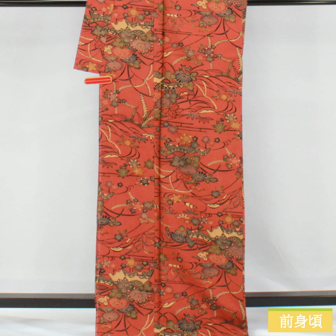 Small-patterned kimono, polyester, S rank, length 169.5cm, sleeve length 67cm, lined, scarlet copper (hidoushoku) color, stencil-dyed floral pattern, with basting thread, washable, brown, 1115007112514