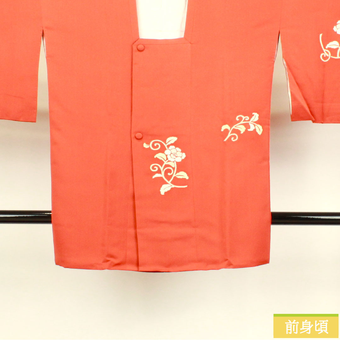 Michiyuki coat, pure silk, length 90.5cm, sleeve length 68cm, benigara color, pearl tone processing, Kyo-Yuzen, floral pattern, S rank, lined, vermilion, 1117000802916