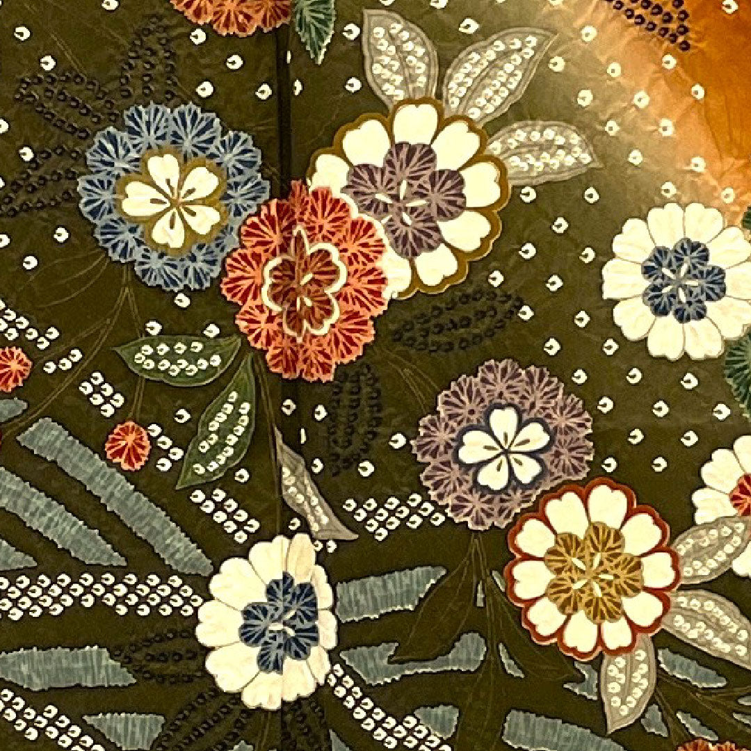 Homongi, lined, length 158cm, sleeve length 64cm, tie-dyed, floral pattern, pure silk, B rank, brown, 1112001044314