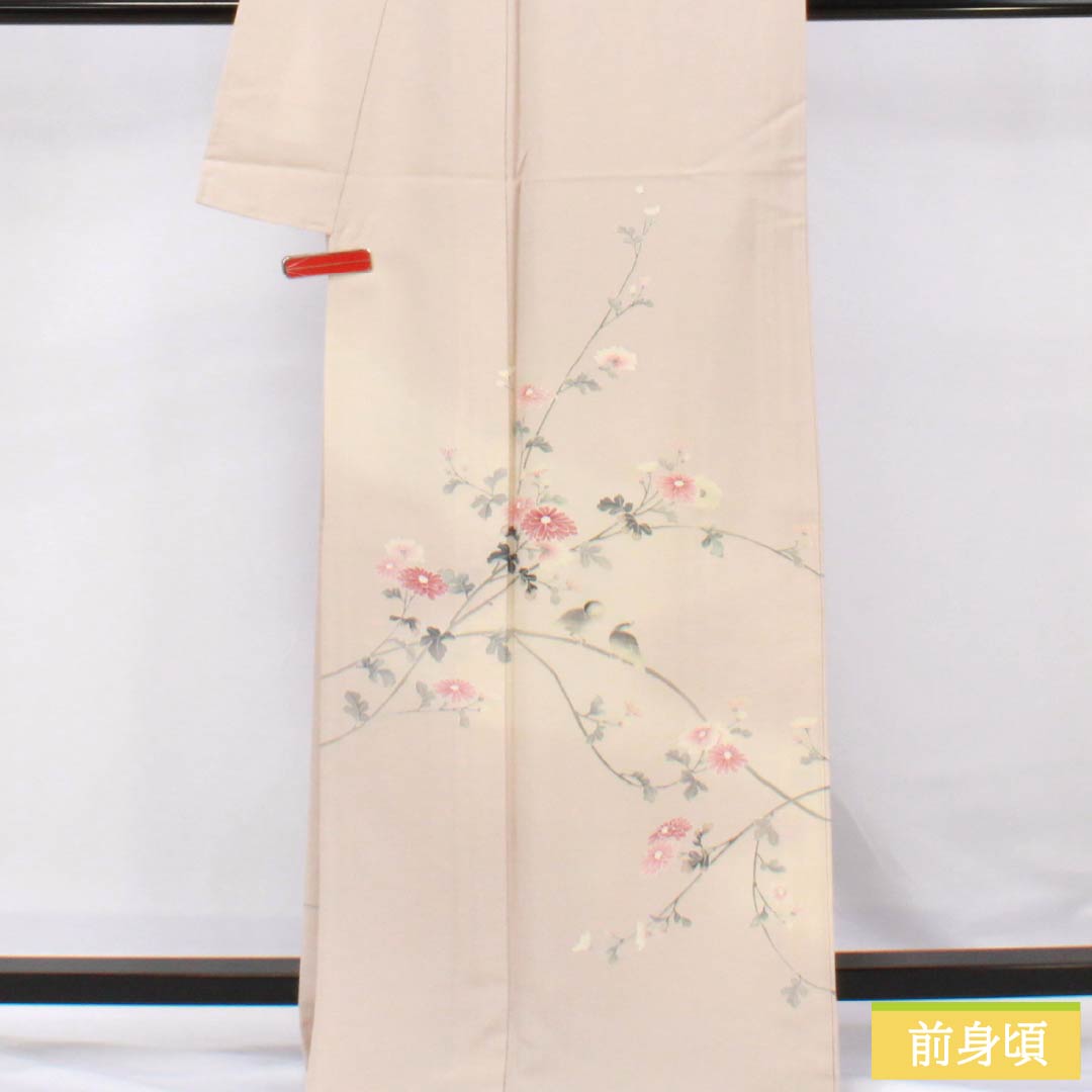 訪問着 正絹 Aランク 単衣 身丈167cm 裄丈68.5cm 翁茶色(おきなちゃいろ) 京友禅 鳥 菊花 ピンク系 1112006103513