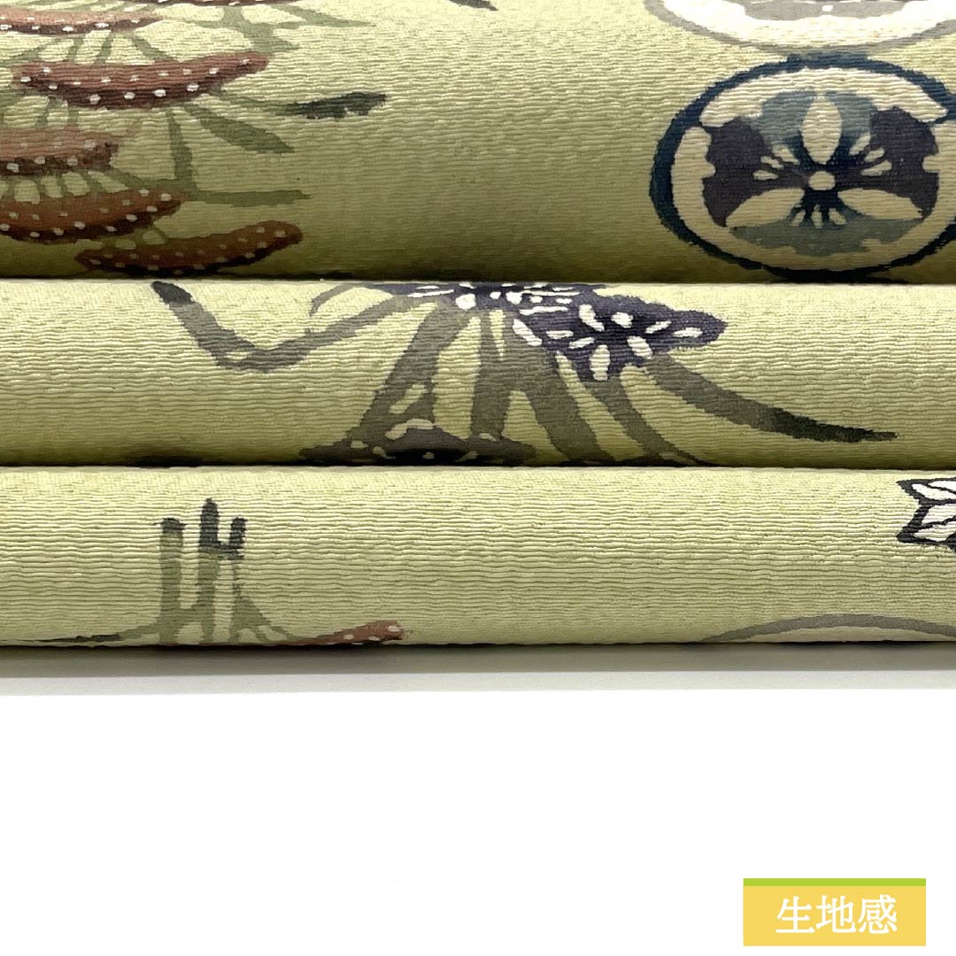 名古屋帯 硫黄色(いおういろ) 京紅型 丸紋 松 帯丈341cm 正絹 Aランク 六通 カジュアル 緑系 1124007593319 名古屋仕立て