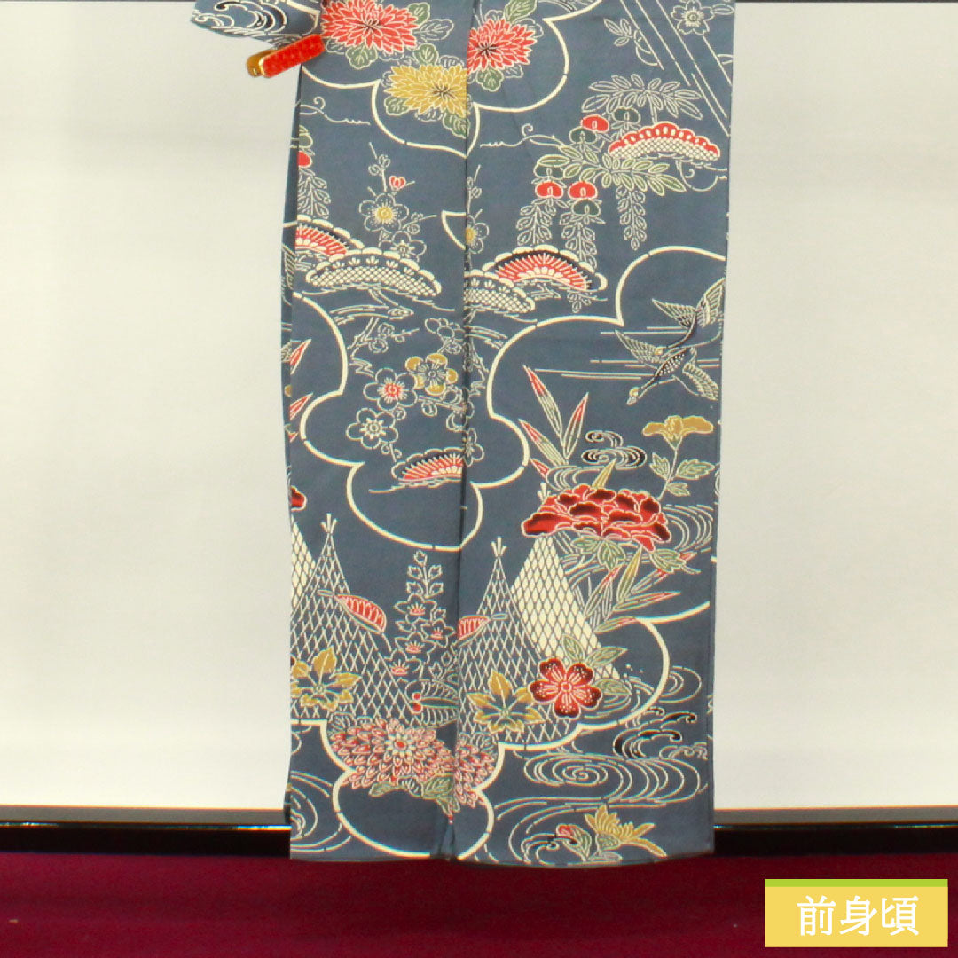 Homongi (formal kimono) made of pure silk, lined, length 157.5cm, sleeve length 64cm, Minato gray, Kyoto Bingata, aboshi pattern, floral pattern, A rank, blue, 1112004883317