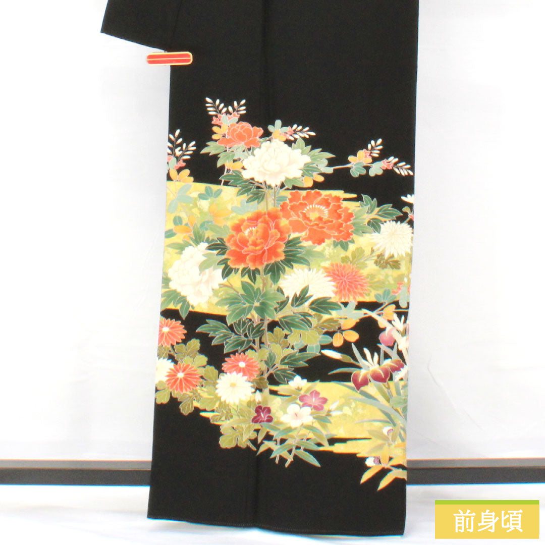 黒留袖 正絹 身丈162cm 裄丈66cm 袷 京友禅 草花模様 作家物 五つ紋 丸に抱き柏 Aランク 黒系 1111001613410