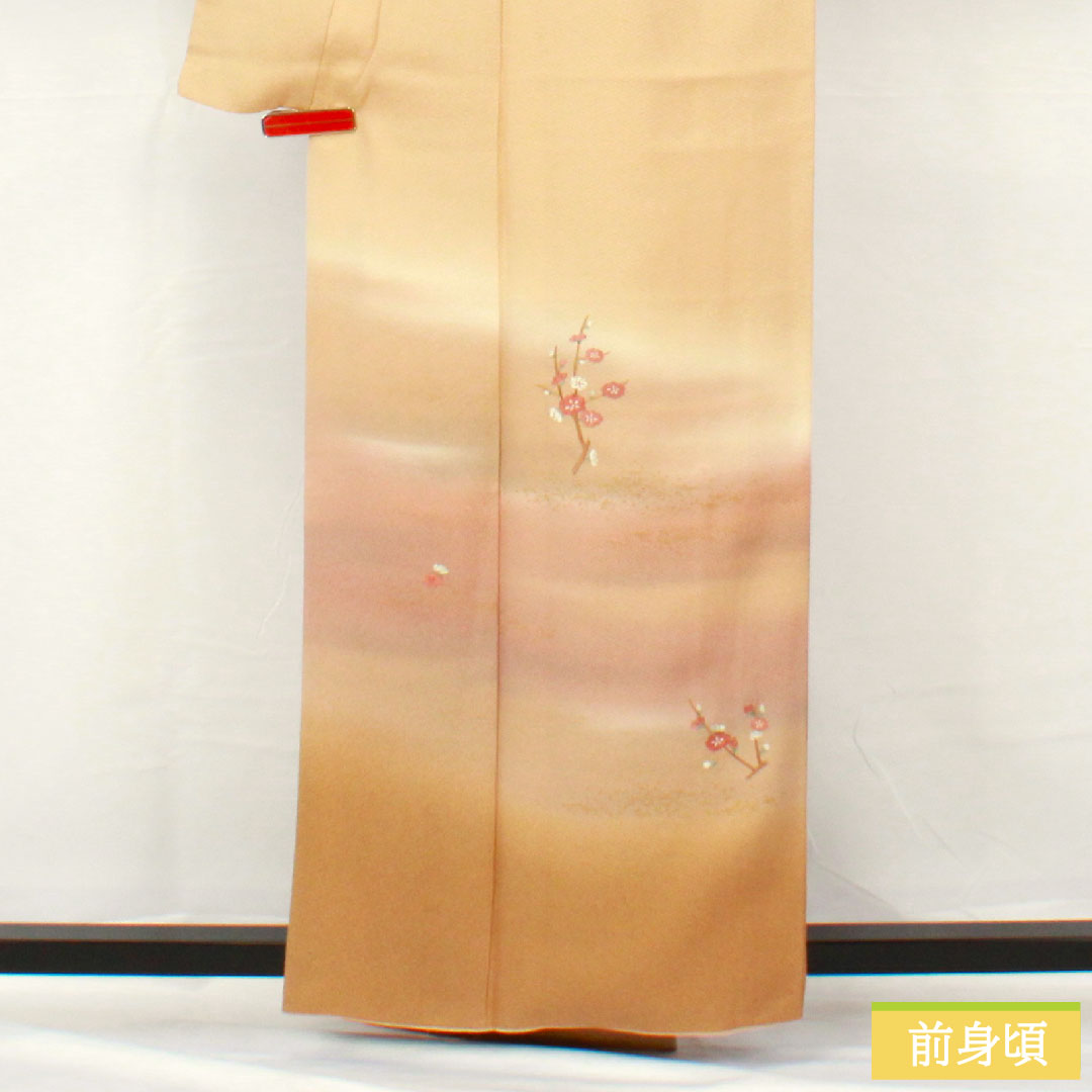 Homongi, pure silk, lined, length 162.5cm, sleeve length 64cm, koji-iro, Kyo-yuzen, tsukesage, plum, S rank, beige, 1112005292425