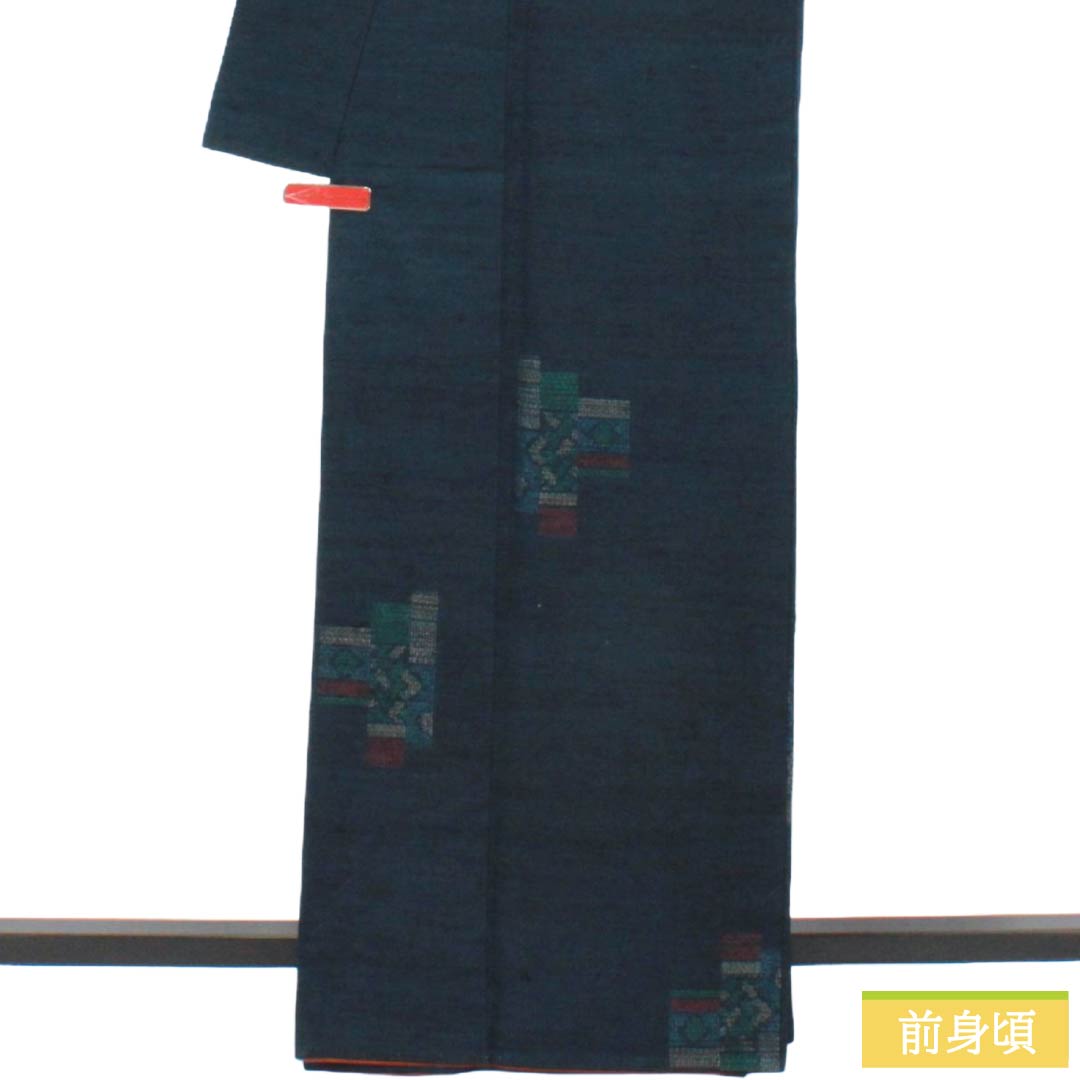 Tsumugi Silk S Rank Length 166cm Sleeve length 66cm Dark blue Mashiko Tsumugi Geometric pattern Lined Dark blue 1116005202518
