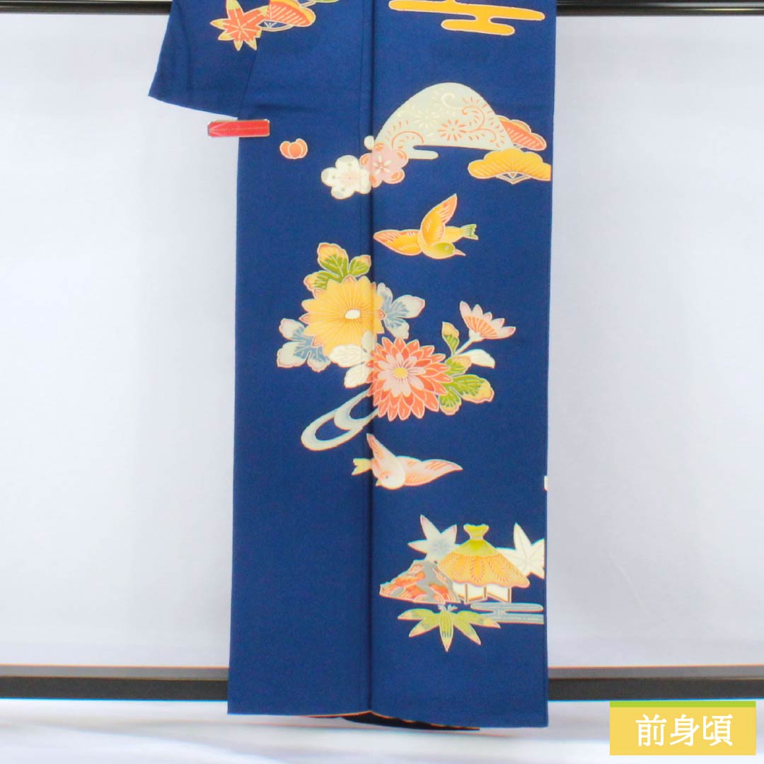 訪問着 正絹 Bランク 袷 身丈158cm 裄丈63.5cm 紺瑠璃色(こんるりいろ) 京紅型 吉祥文様 松竹梅 菖蒲 鳥 青系 1112007284317