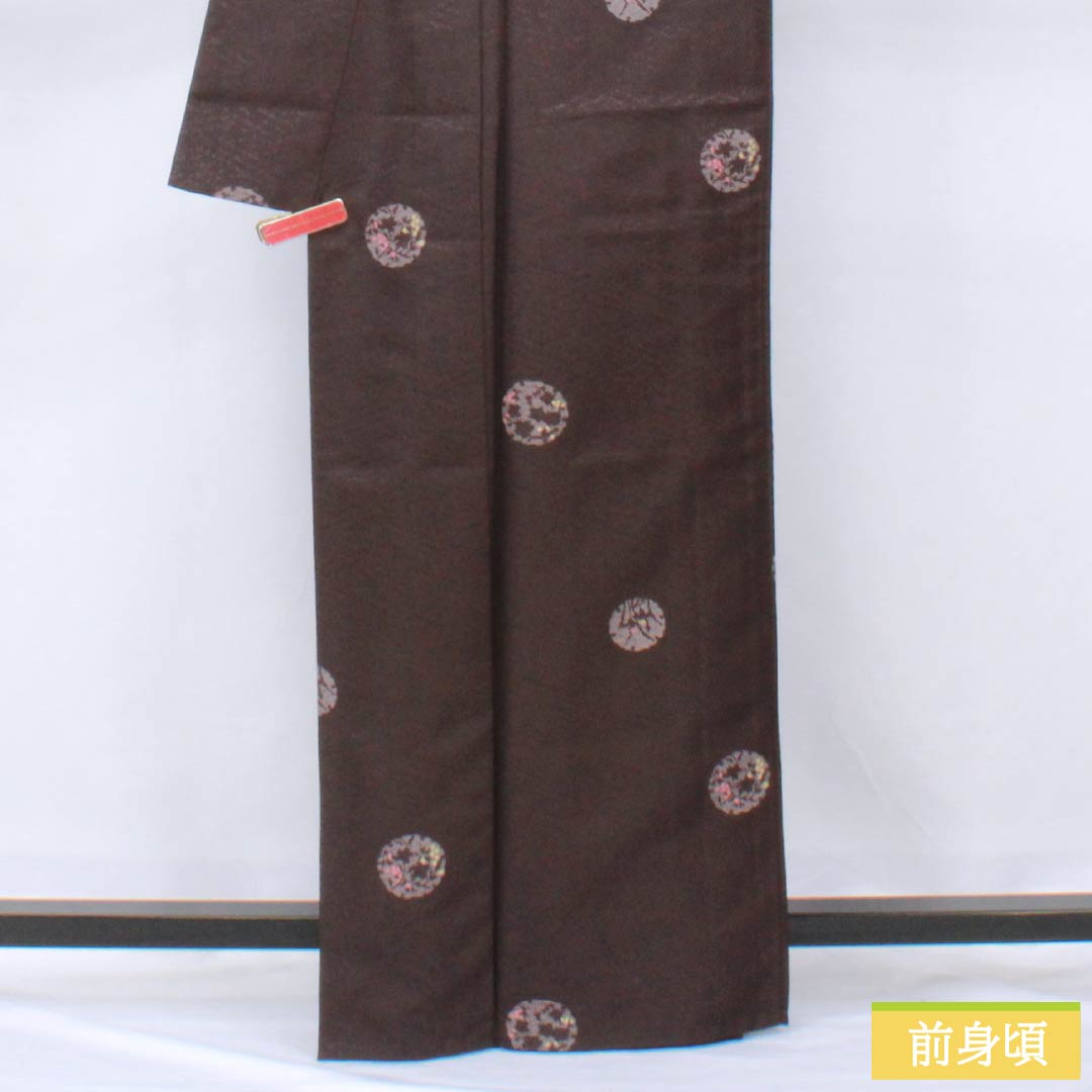 Komon (small pattern) kimono, polyester, length 164.5cm, sleeve length 65.5cm, single-layer, purple-black (shiushoku) pattern with snow rings and flower petals, washable, S rank, purple, product number 1115006062420