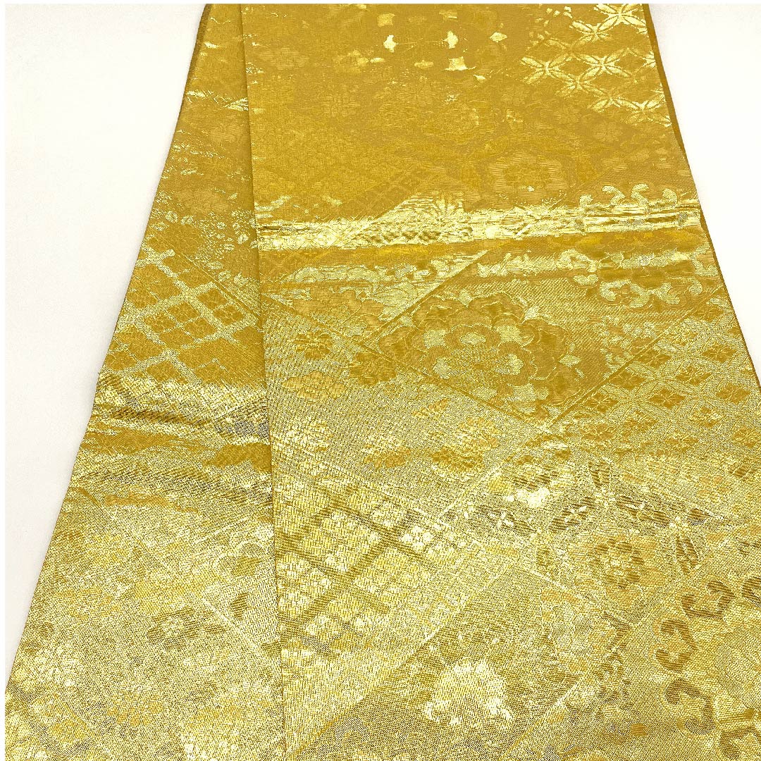 袋帯 金色 正倉院文様 宝相華 扇面 帯丈438cm 正絹 Aランク 六通 フォーマル 金系 1123002863321