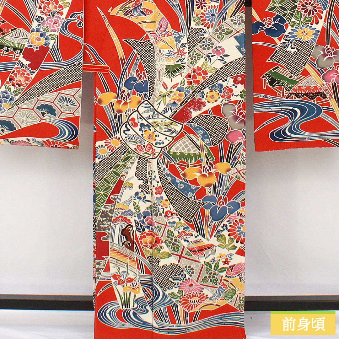 Furisode (long-sleeved kimono) made of pure silk, S-rank, length 166cm, sleeve length 67cm, lined, red, Kyoto Bingata pattern, with a bundled noshi (gift tag) and red crepe fabric, product number 1113002412512