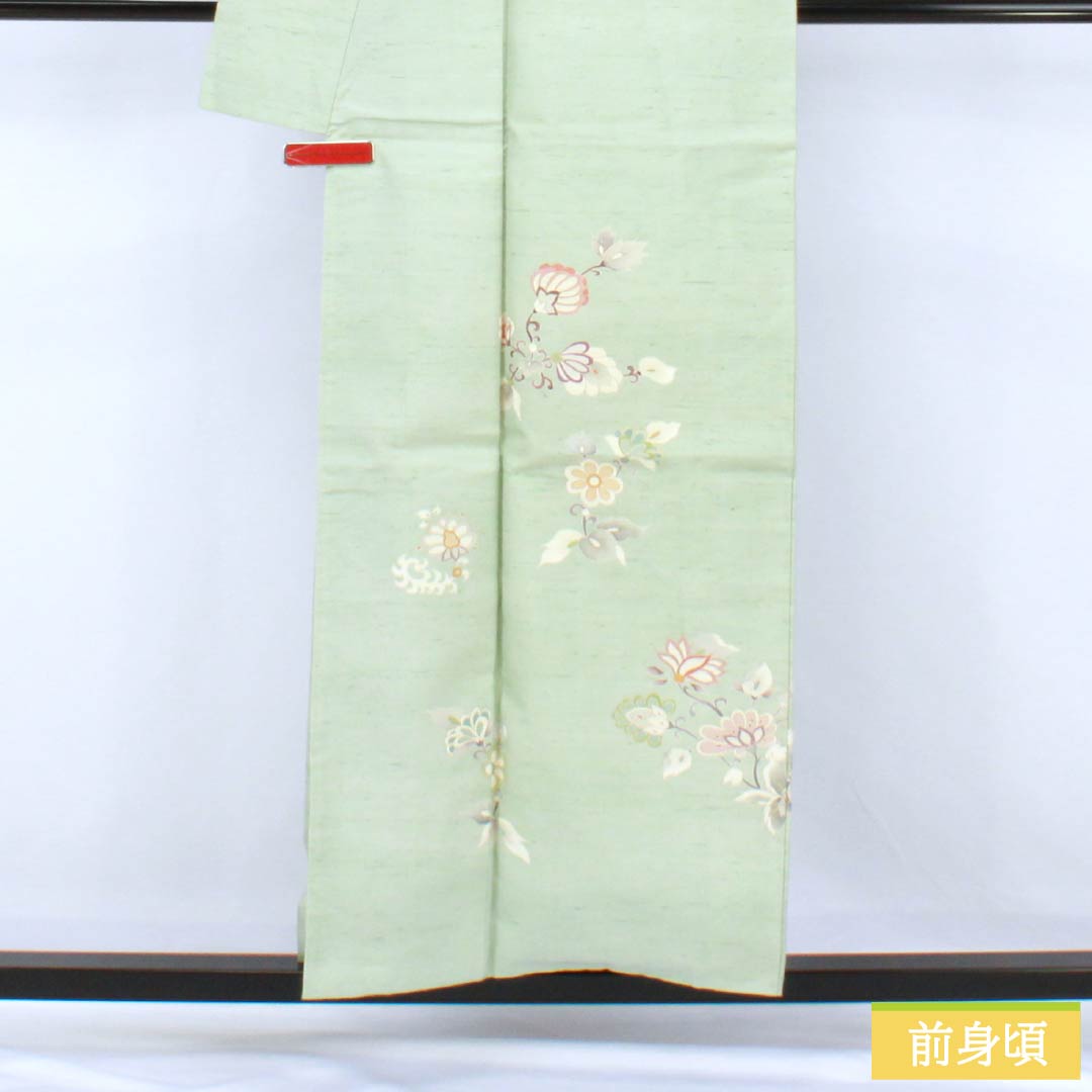 訪問着 正絹 Aランク 袷 身丈155cm 裄丈61cm 薄緑色(うすみどりいろ) 牛首紬 一つ紋 中陰蔦 草花 緑系 1112007533319