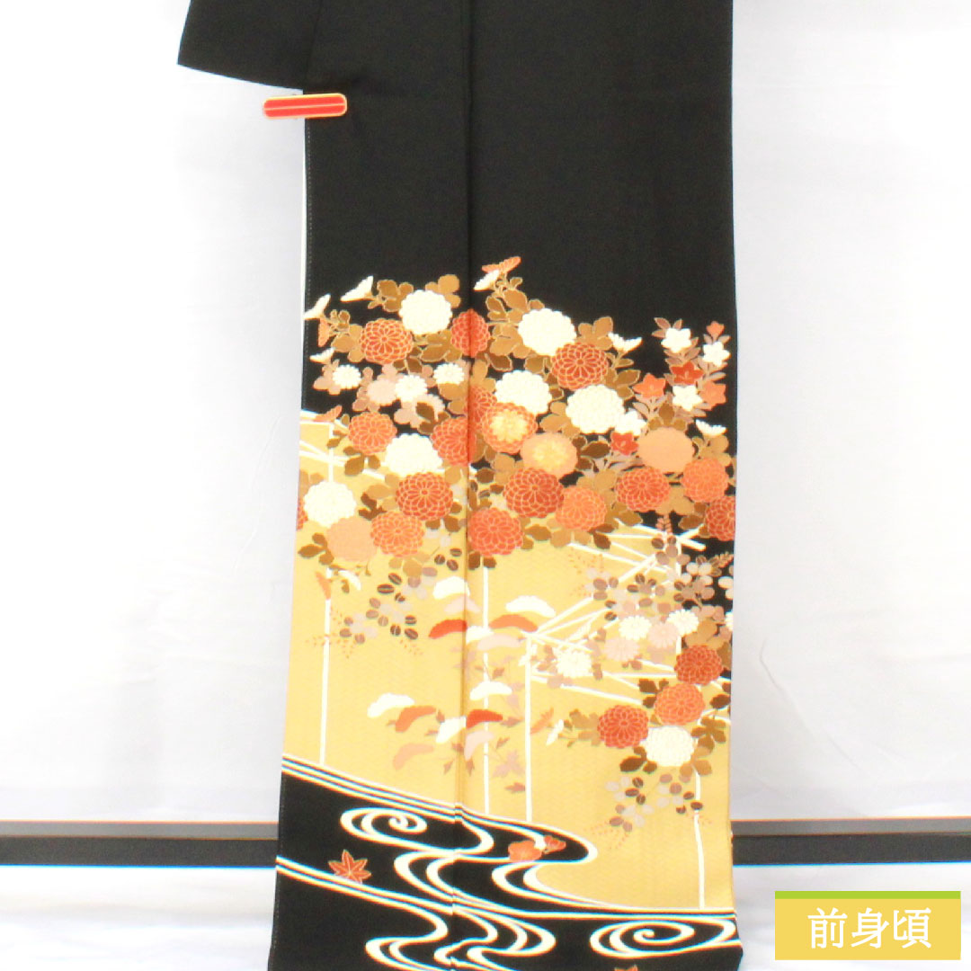 黒留袖 正絹 身丈167cm 裄丈67cm 袷 京友禅 草花模様 五つ紋 梅鉢 Sランク 黒系 1111001642510