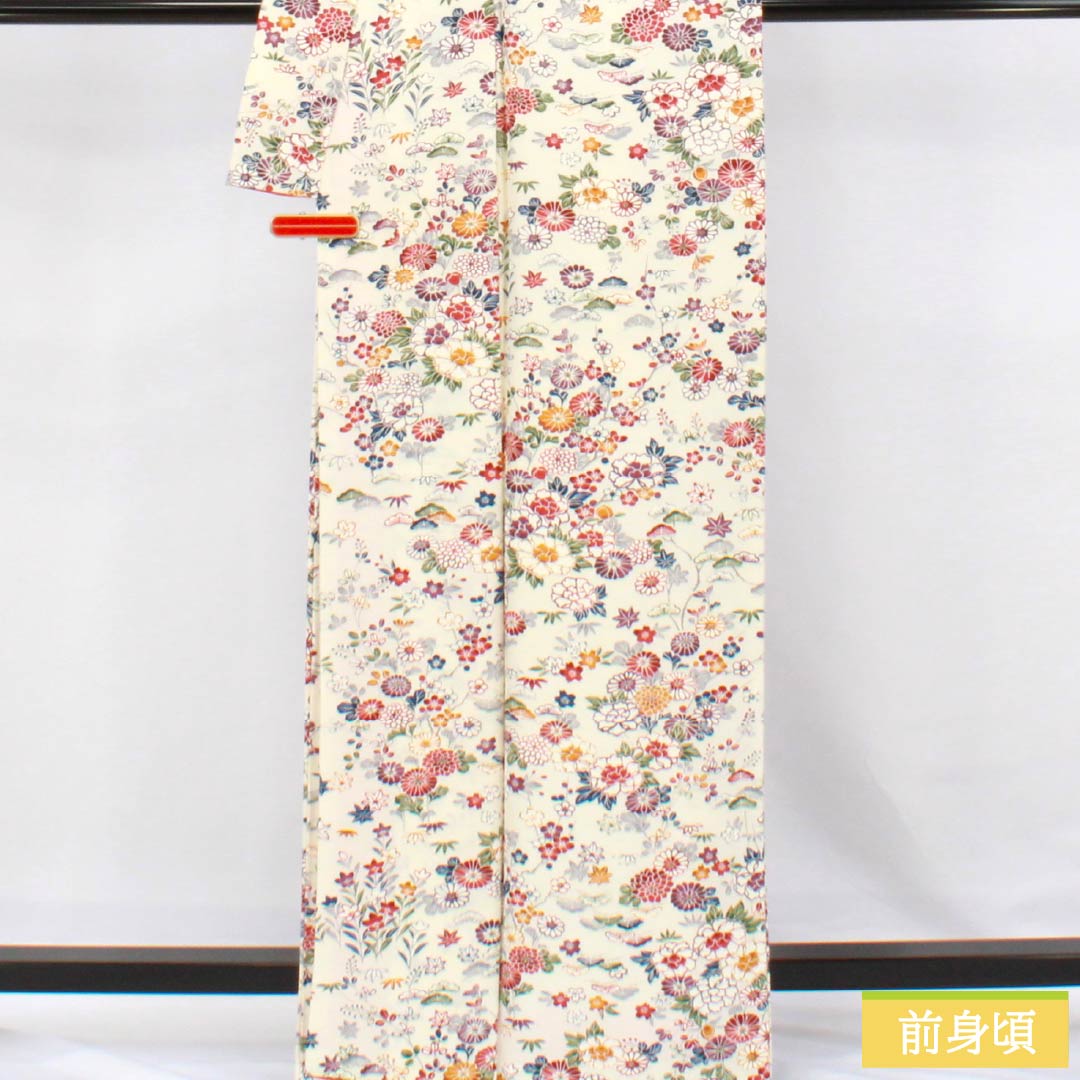 小紋 正絹 Sランク 身丈165.5cm 裄丈65cm 袷 生成り色(きなりいろ) 京友禅 草木 花 白系 1115007052511