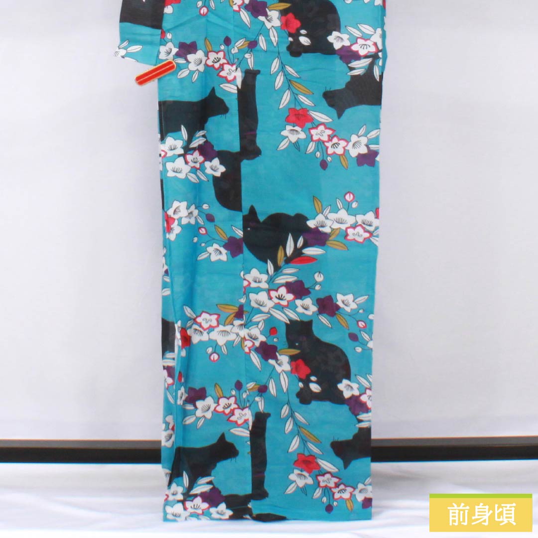 (新品未使用品) 浴衣 ポリエステル 身丈167cm 裄丈65cm NEWランク 単衣 青系 花浅葱色(はなあさぎいろ) 黒猫 桔梗 1118005731517