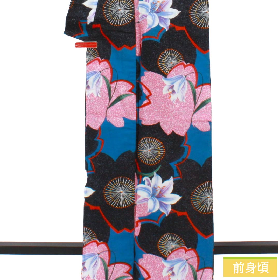 浴衣 木綿 Sランク 身丈165.5cm 裄丈68cm 青黛色(せいたいいろ) 百合 桜 型染 単衣 青系 1118006962517