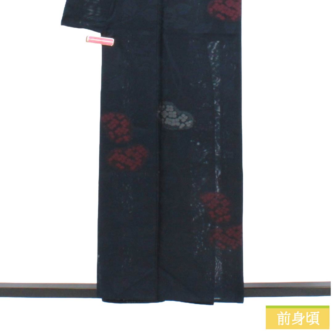 夏物 正絹 お召 Sランク 身丈157cm 裄丈64cm 濃紺色(のうこんいろ) 紫陽花 紗 紺系 1132004352318