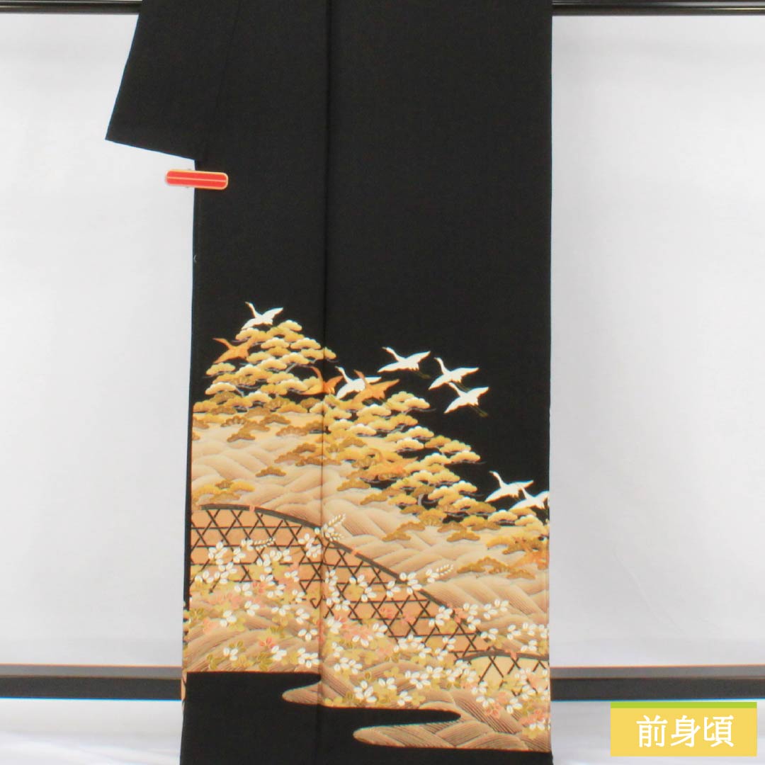 Black Tomesode (Japanese Kimono) - Pure Silk, Grade A, Length 167cm, Sleeve Length 67.5cm, Lined, Kyoto Yuzen, Five Crests, Chūin Gosan Paulownia, Crane, Pine, Hagi, Wave, Five Crests, Black, 1111002053510