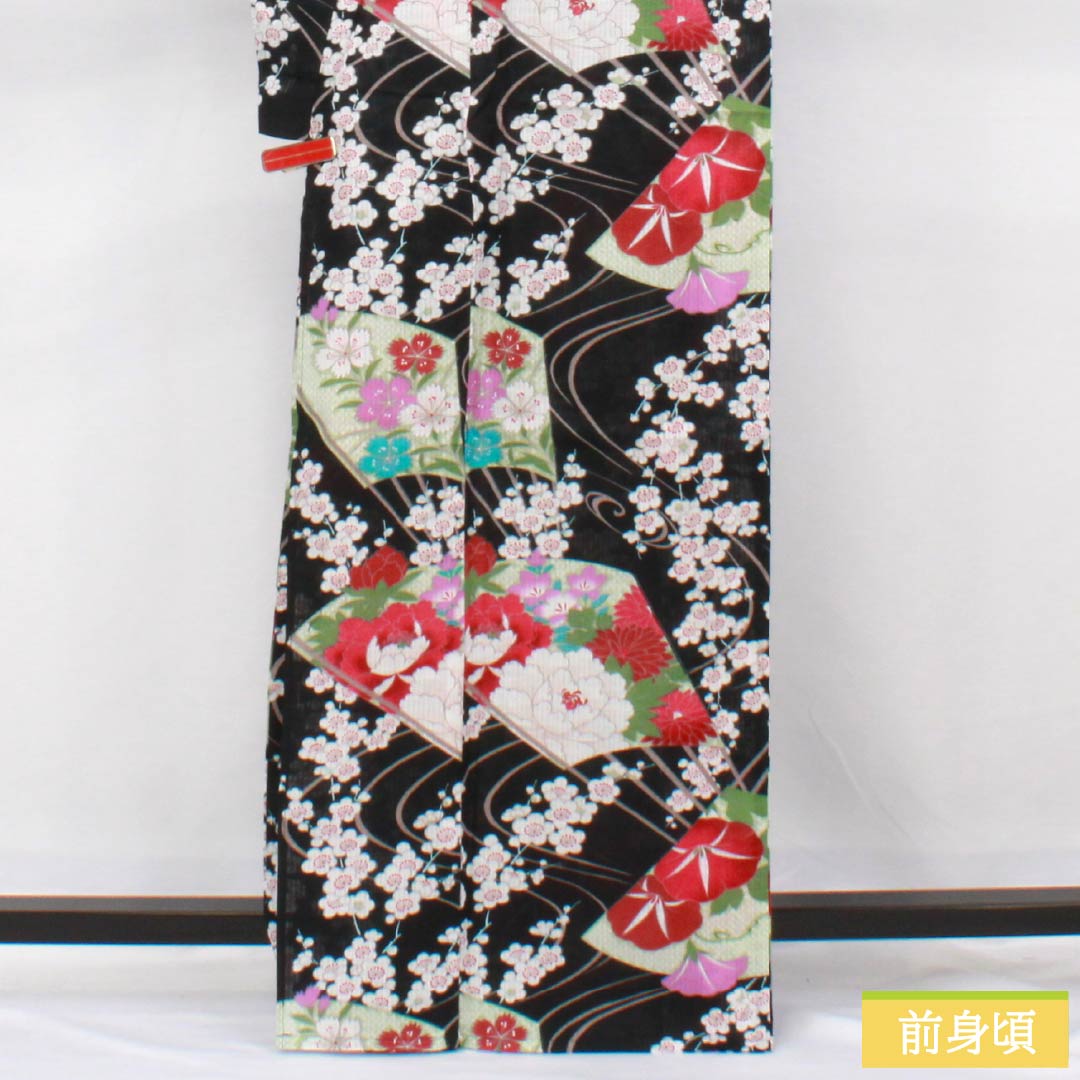 Cotton Yukata, Length 167cm, Sleeve Length 64cm, S Rank, Single Layer, Black, Vertical Silk, All-over Flower Pattern, Fan Pattern, 1118006262510